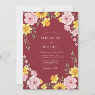 Invitation Mariage au tournesol eucalyptus jaune bordeaux
