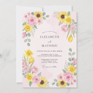 Invitation Mariage au tournesol eucalyptus rose pâle