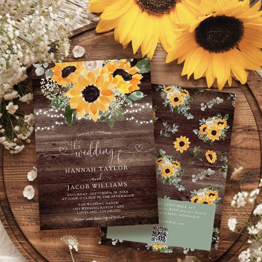 Invitation Mariage au tournesol rustique avec code QR sur boi