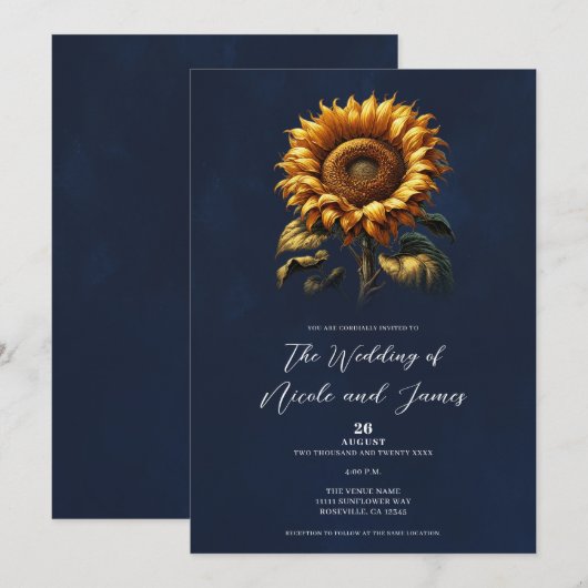 Invitation Mariage au Tournesol Rustique Bleu (Devant / Derrière)