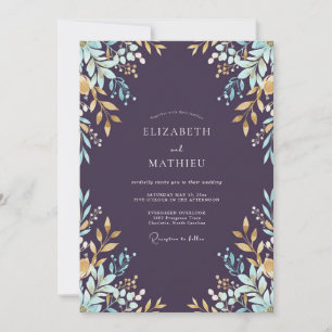 Invitation Mariage Aubergine Feuille d'Or