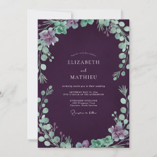 Invitation Mariage Aubergine Mousse de Mer Feuillage Eucalypt