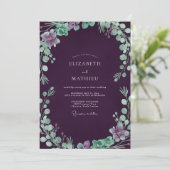 Invitation Mariage Aubergine Mousse de Mer Feuillage Eucalypt (Debout devant)