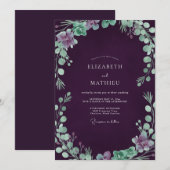 Invitation Mariage Aubergine Mousse de Mer Feuillage Eucalypt (Devant / Derrière)