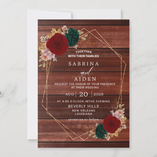 Invitation Mariage aurifère bordeaux émeraude vert d'automne (Devant)