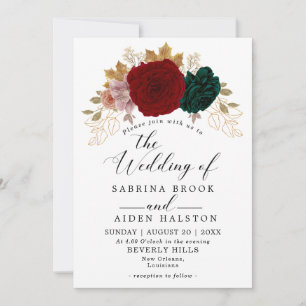 Invitation Mariage aurifère bordeaux émeraude vert d'automne