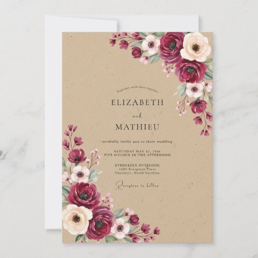 Invitation Mariage Automnal aux Fleurs Écarlates (Devant)