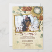 Invitation Mariage Automnal avec des Proteas de couleur Or et (Devant)