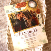 Invitation Mariage automnal avec protéas dorés, bronze et ver