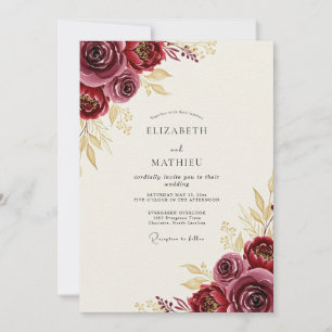 Invitation Mariage Automnal Élégant en Bourgogne Doré