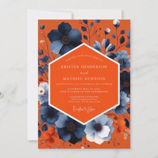 Invitation Mariage Automnal Fleur Orange Bleu (Devant)