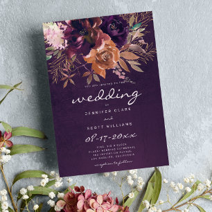 Invitation Mariage automnal floral bordeaux orange rose or