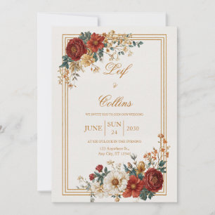 Invitation Mariage Automnal Floral Doré Bourguignon Rustique