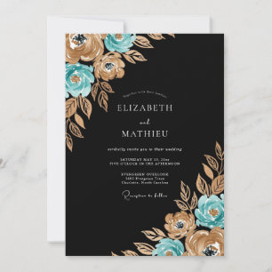 Invitation Mariage Automnal Floral Doré et Sarcelle