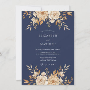 Invitation Mariage Automnal Luxueux Bleu Marine