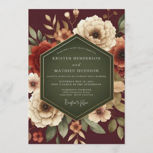 Invitation Mariage Automnal Luxuriant Bordeaux (Devant)
