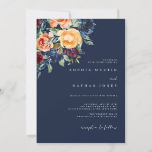 Invitation Mariage automnal marine et bordeaux à l'aquarelle