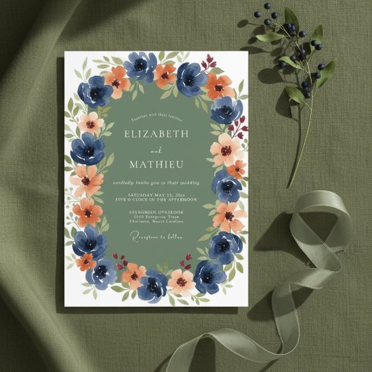 Invitation Mariage Automnal Navy Peach Gras