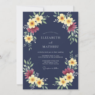 Invitation Mariage Automnal Orné Bleu Marine