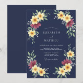 Invitation Mariage Automnal Orné Bleu Marine (Devant / Derrière)