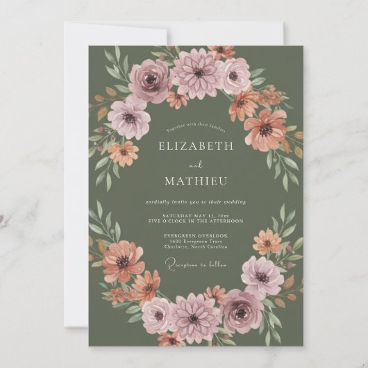 Invitation Mariage Automnal Raffiné Vert Olive (Devant)