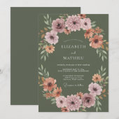 Invitation Mariage Automnal Raffiné Vert Olive (Devant / Derrière)