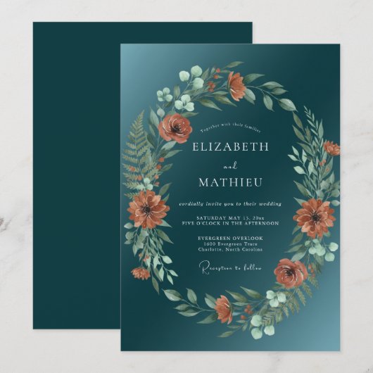 Invitation Mariage Automnal Resplendissant de Teal (Devant / Derrière)
