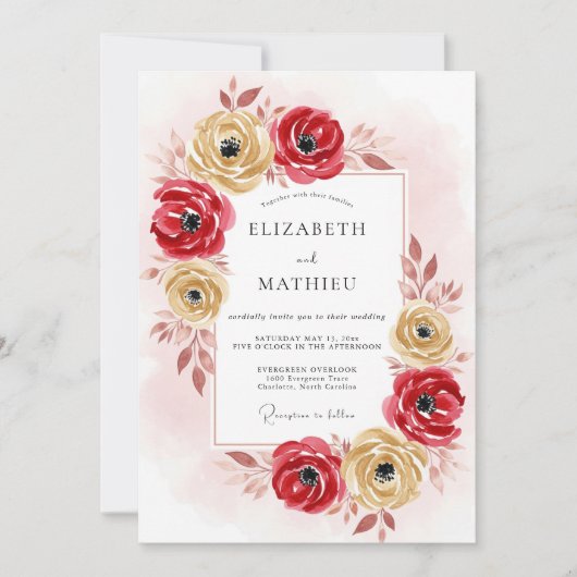 Invitation Mariage Automnal Romantique Or Rouge (Devant)