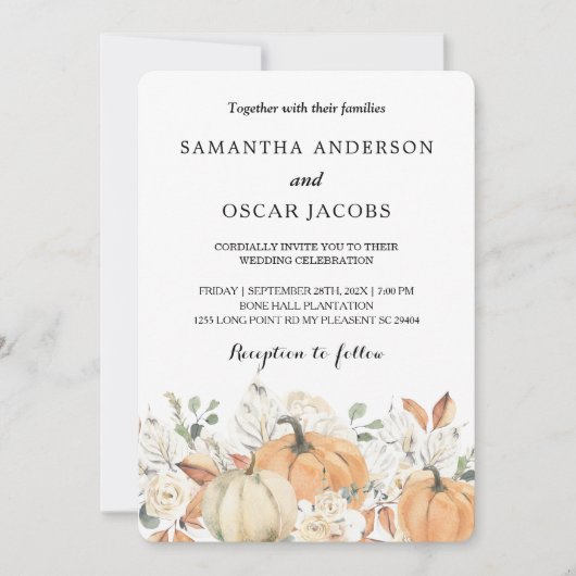 Invitation Mariage Automnal Rustique | Citrouille à l'aquarel (Devant)