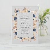 Invitation Mariage Automnal Solennel Bleu Marine (Debout devant)
