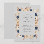 Invitation Mariage Automnal Solennel Bleu Marine (Devant / Derrière)