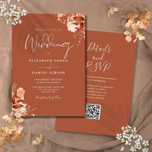 Invitation Mariage automnal Terracotta Code QR Floral