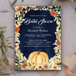 Invitation Mariage automnal Terreux Floral Citrouille Bleu Nu