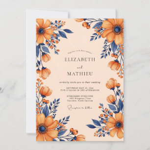 Invitation Mariage Automnal Vibrant Bleu Nuit et Orange Brûlé