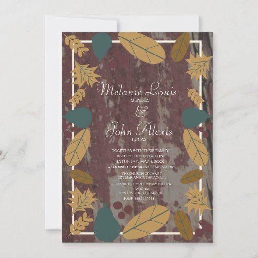 Invitation Mariage Automne Feuilles Vertes Rustique (Devant)
