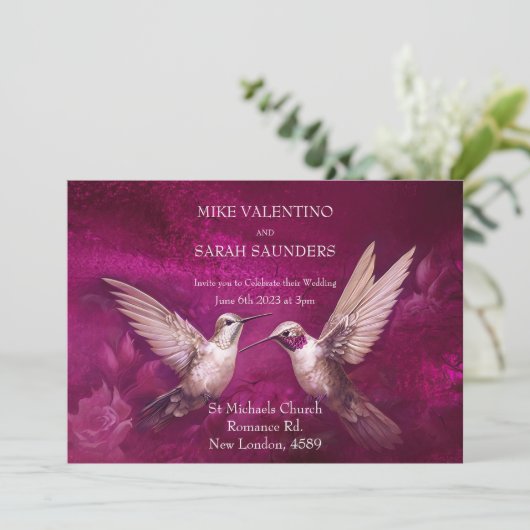 Invitation Mariage aux colibris magenta romantique et blanc (Debout devant)