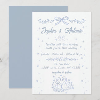 Invitation Mariage aux cygnes bleu poussiéreux dessinés à la