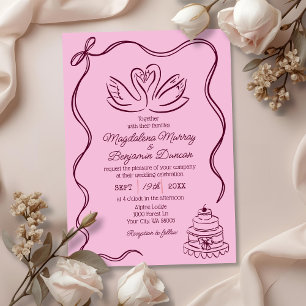 Invitation Mariage aux cygnes rétro burgundy dessinés à la ma