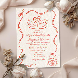 Invitation Mariage aux cygnes rétro orange dessinés à la main