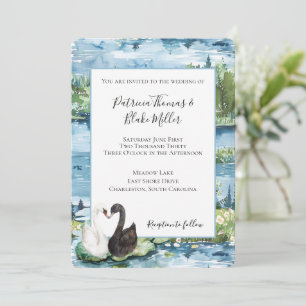 Invitation Mariage aux cygnes romantiques, nénuphars, lac ble