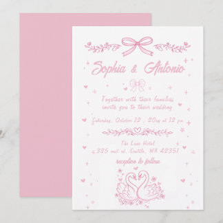 Invitation Mariage aux cygnes roses dessinés à la main de man