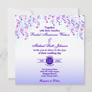 Invitation Mariage aux Étoiles et Serpentins Roses et Violets