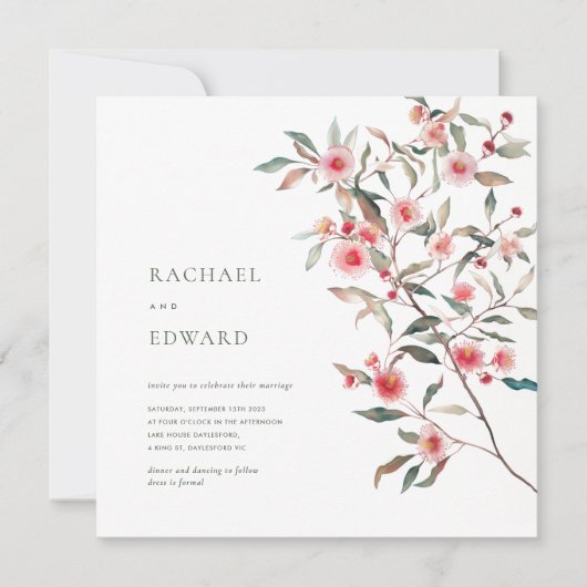 Invitation Mariage aux feuillages d'eucalyptus et fleurs rose (Devant)