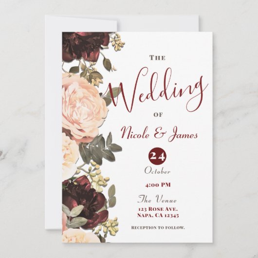 Invitation Mariage aux feuillages floraux rose et bordeaux (Devant)