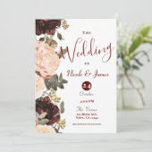 Invitation Mariage aux feuillages floraux rose et bordeaux (Debout devant)