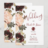 Invitation Mariage aux feuillages floraux rose et bordeaux (Devant / Derrière)
