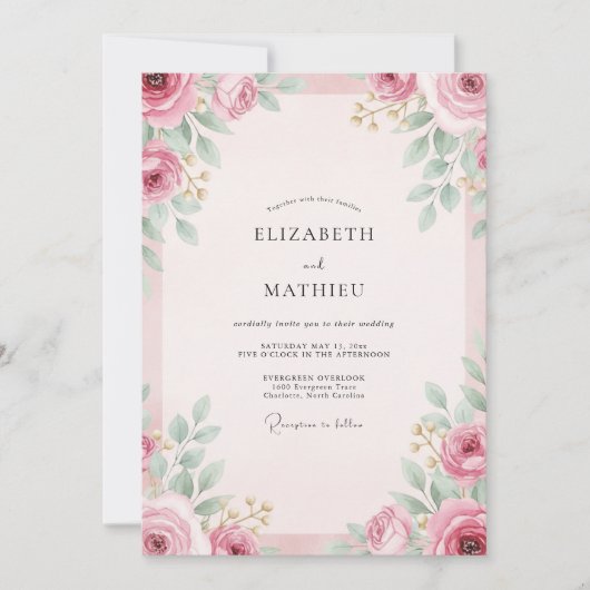 Invitation Mariage aux Feuillages Peints de Mauve Rosé (Devant)