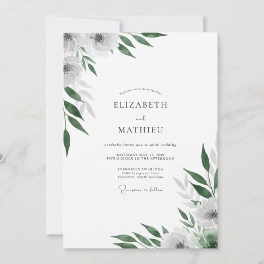 Invitation Mariage aux Feuilles Blanches Émeraude (Devant)