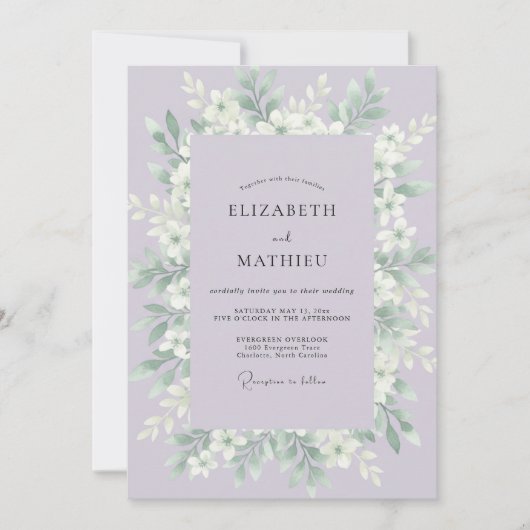 Invitation Mariage aux Feuilles Blanches et Lilas (Devant)