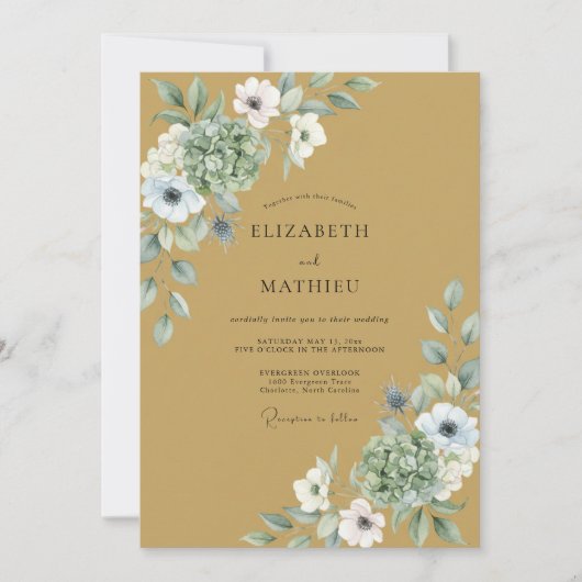 Invitation Mariage aux feuilles blanches et moutarde (Devant)